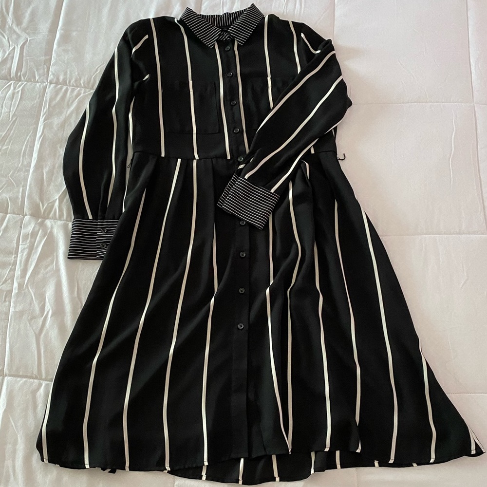 Black dress with white pinstripes